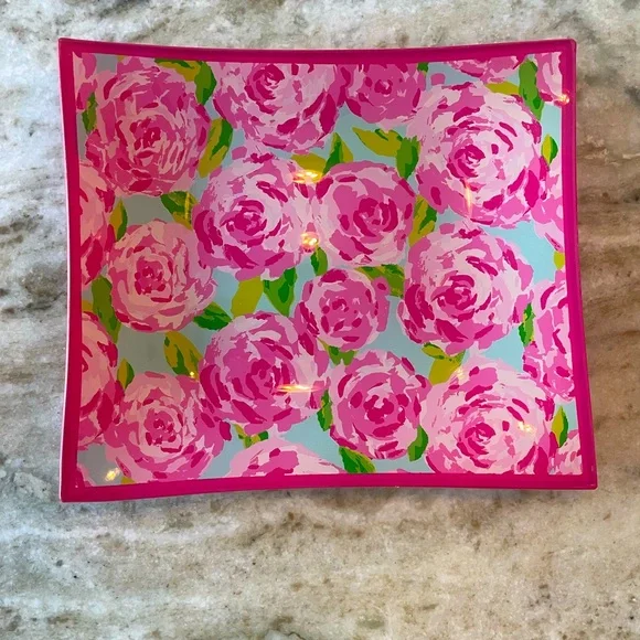 Lilly Pulitzer Glass Plate Trinket Caddy Dish First Impression Pink Roses Plate - Picture 1 of 5